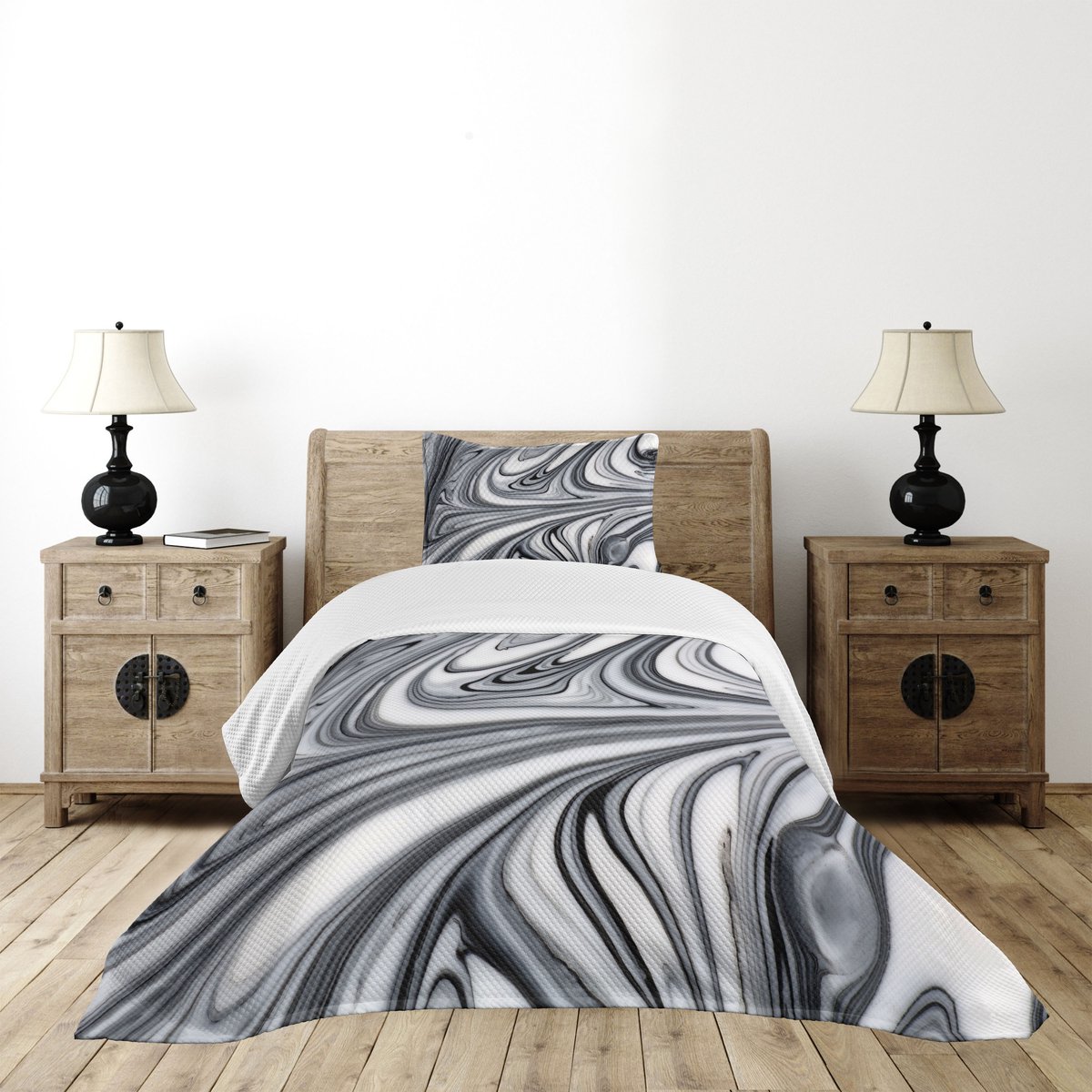 ABAKUHAUS abstract dekbedset, zwart-wit surrealistische kunst, gewatteerde tweedelige dekbedset voor eenpersoonsbedden 170 x 220 cm, grijs