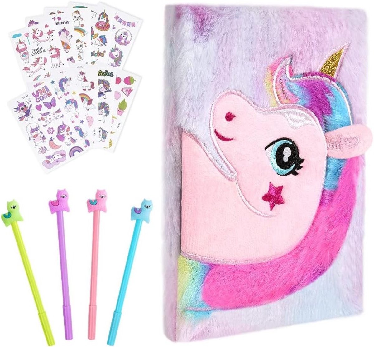 Pluche Notitieboek voor Meisjes met Eenhoorn, Geheim Dagboek met Tattoo Stickers en Gelpennen, Creatief Schrijf- en Tekennotitieboek Set