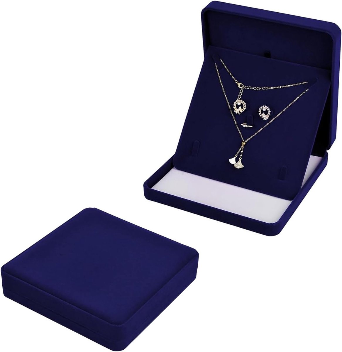 Elegante Velours Sieradenbox voor Kettingen, Oorbellen en Ringen - Ideaal voor Bruiloft en Opslag (Navy Blauw)