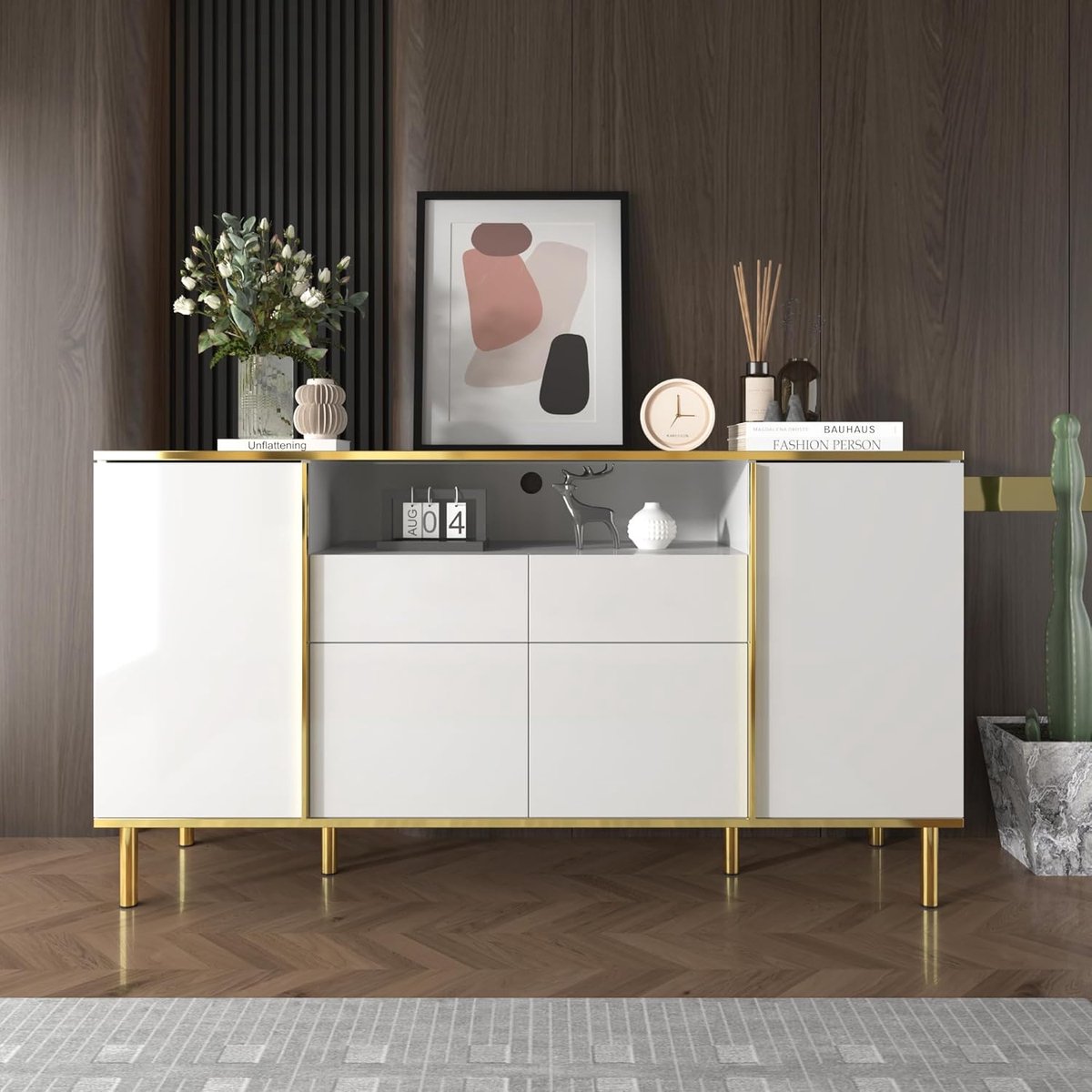 Aurum High Gloss Sideboard – Luxe Commode met LED-Verlichting, 4 Deuren en 2 Lades (150 x 80 x 40 cm) – Hoogglans Wit & Goud