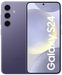 Samsung Galaxy S24 violet cobalt avec trois caméras et un fond doux et circulaire.
