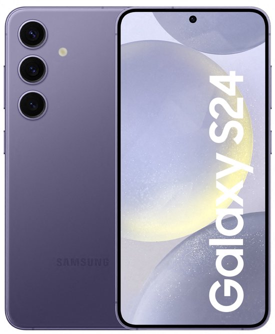 Samsung Galaxy S24 violet cobalt avec trois caméras et un fond doux et circulaire.