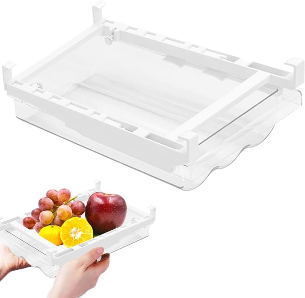Praktische koelkast organizer met uittrekbare lades voor voedsel, dranken, eieren en fruit