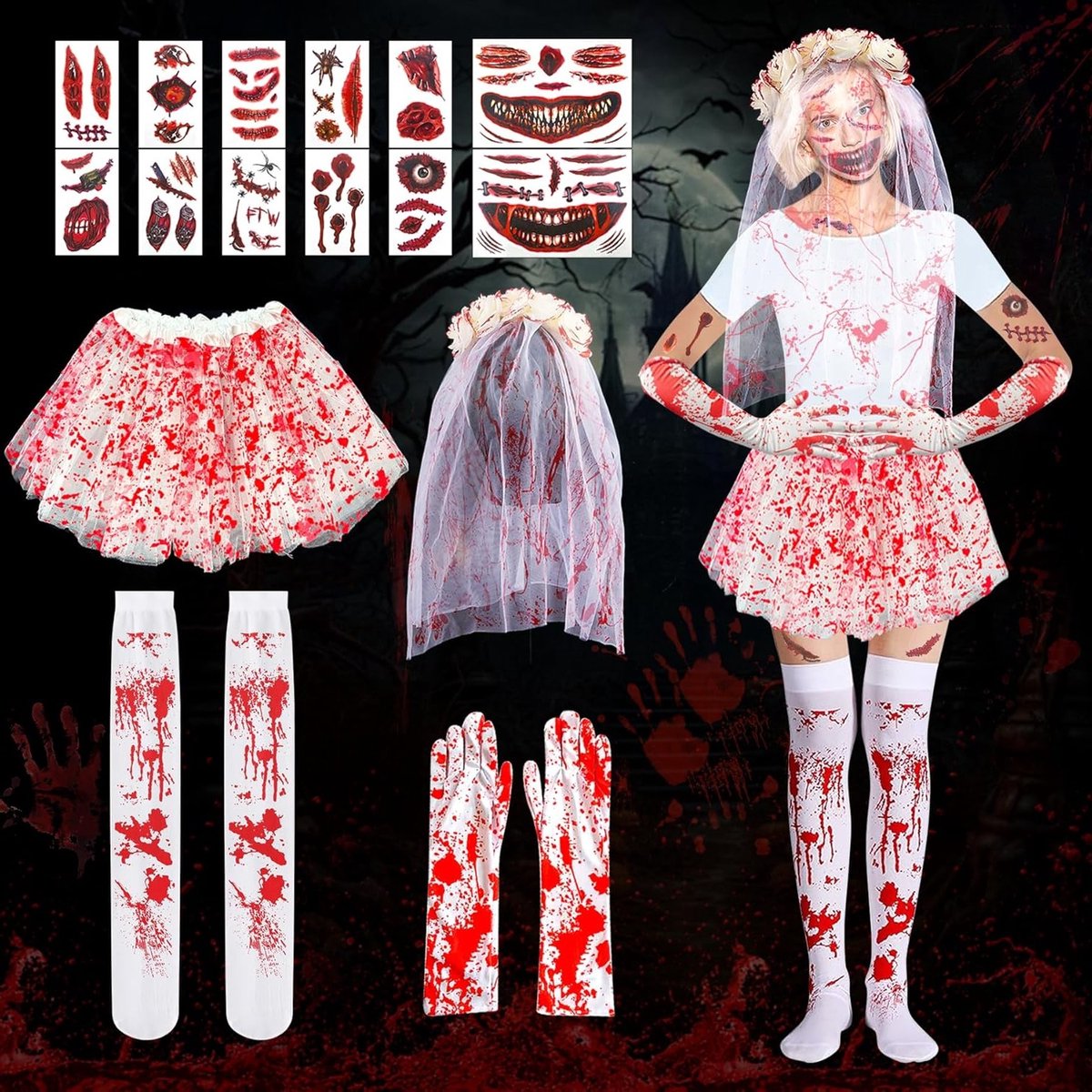 Halloween bloed kostuum decoratieset met 16 accessoires, bloederige sluier, kousen, tutu, handschoenen en gezichtstatoeages voor een griezelige look