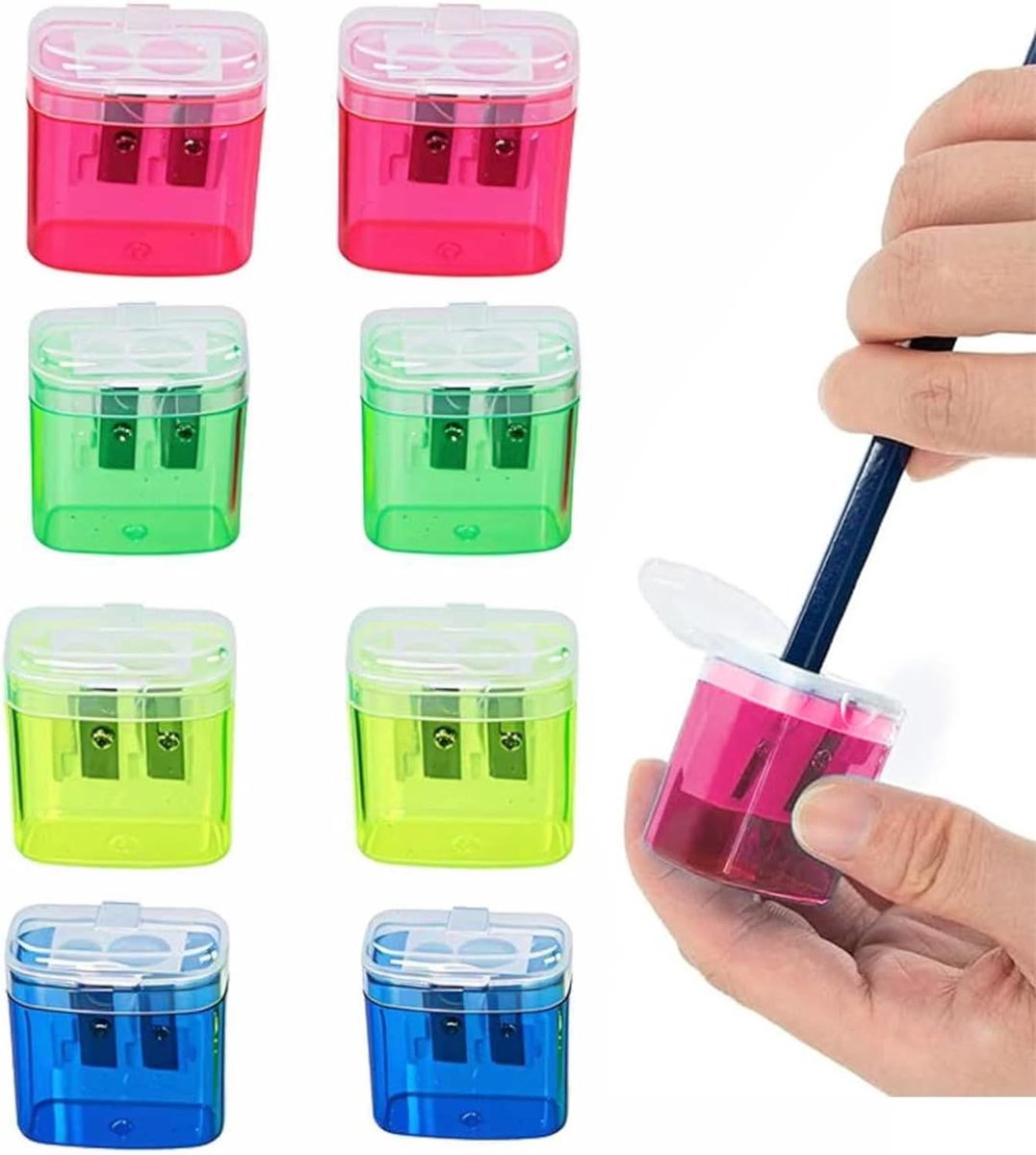 Dubbele gaten slijper set met 8 stuks, geschikt voor kleurpotloden en make-up pennen, 4 kleuren, 4 cm