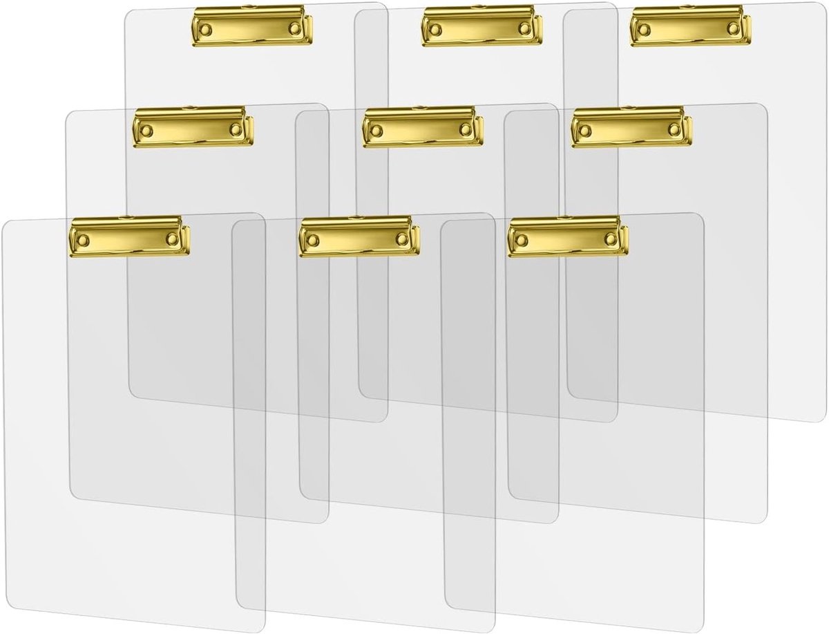 Acryl schrijfmap A4 - transparant met gouden metalen clip - set van 9 - ideaal voor kantoor en school - ShopVlot