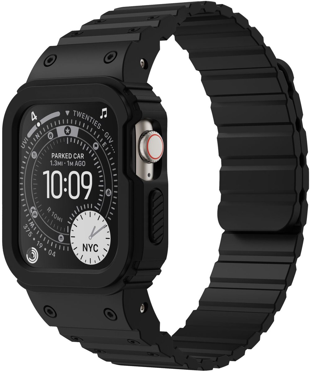 Buddi Forge Bandje en Hoesje Geschikt voor Apple Watch 44/45MM - Siliconen Sportbandje met Case - Magneetsluiting - Zwart
