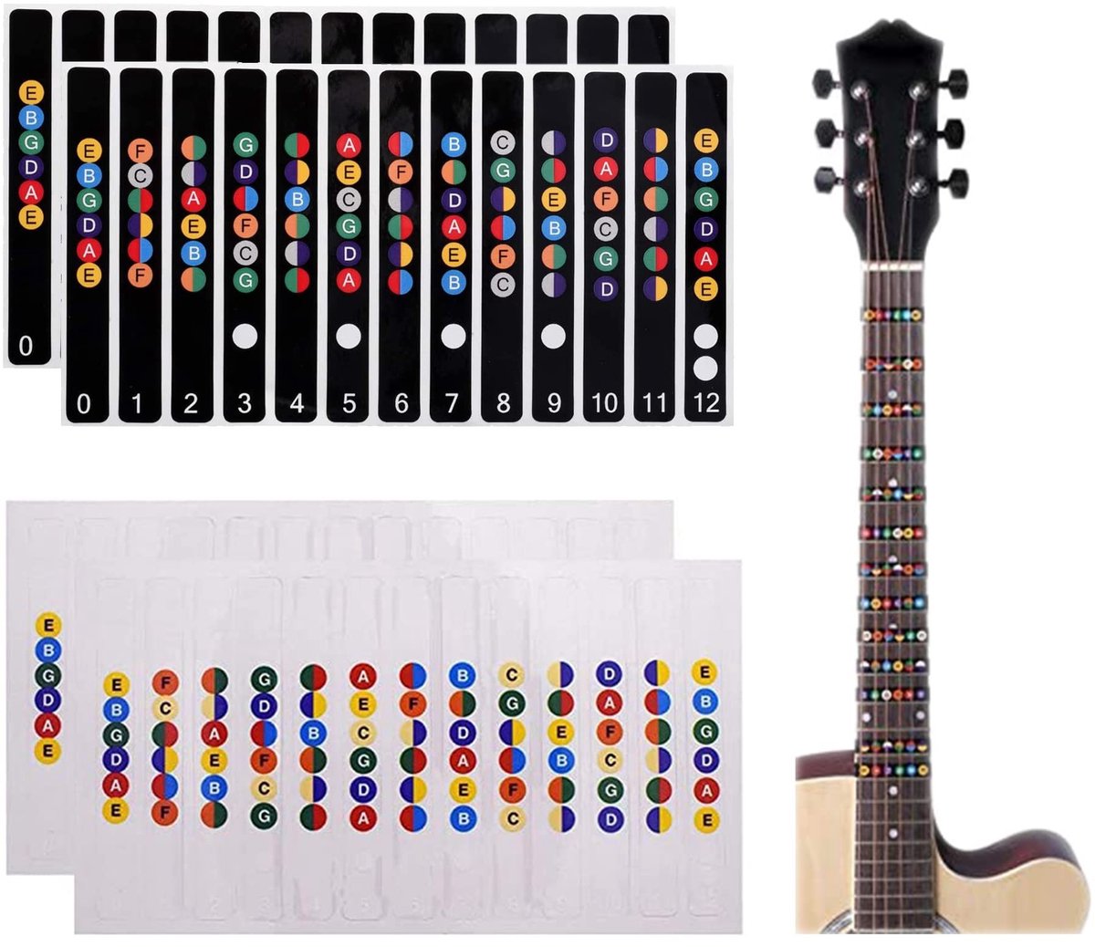 Dailygoods - Dailygoody - gitaar notities stickers - kleurrijke fretboard stickers - ideaal voor beginners - zwart en transparant - leren gitaar spelen - handige n