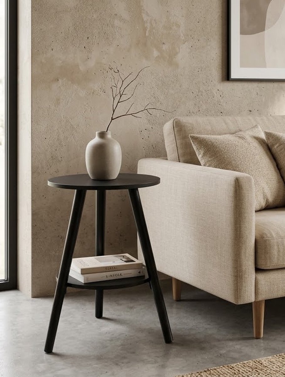 Scandinavische Bijzettafel – Zwart Houten Salontafel met 2 Etages – Modern Plantenrek voor Binnen