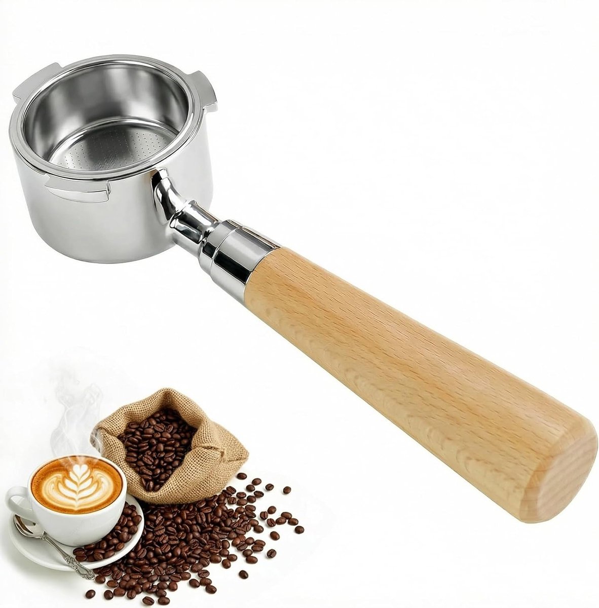 Duurzame 51 mm bottomless filterdrager voor DeLonghi en SMEG espressomachines, roestvrij staal, met houten handvat en herbruikbare filtermand voor perfecte espresso