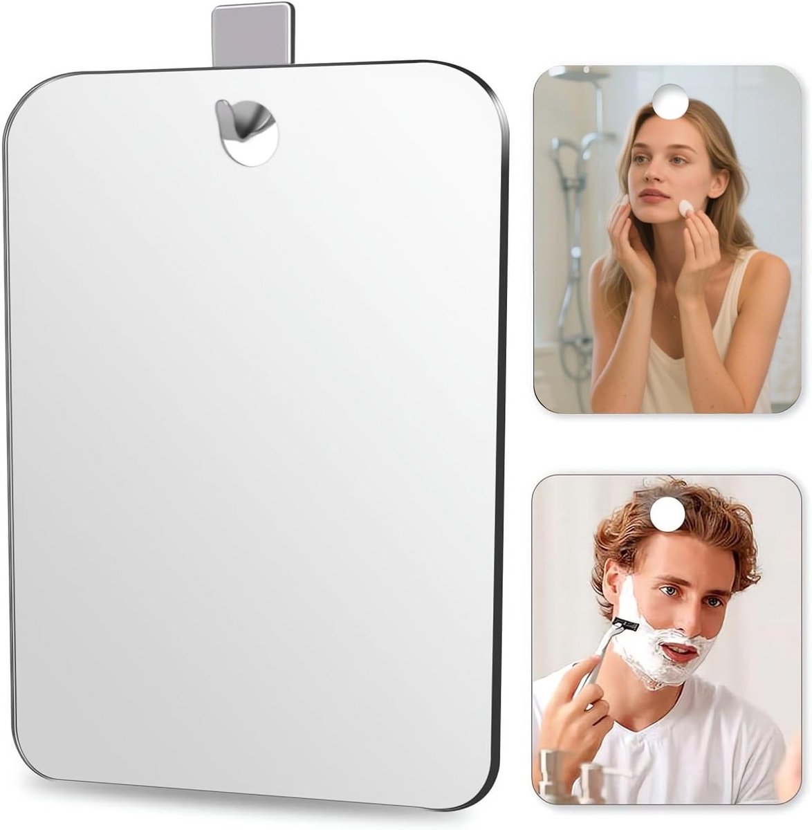 Shower Mirror voor Scheren en Reizen, 30 x 20 cm, Anti-Fog Spiegel voor Camping, Ideaal voor Make-up en Lichaamsverzorging met 3 Haakjes