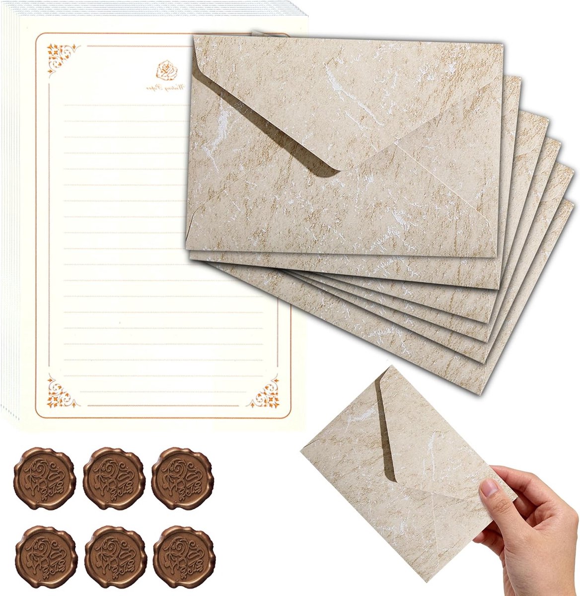 Elegante Vintage Briefpapier Set met 20 A5 Schrijfpapier, 6 Beige Enveloppen en 6 Zelfklevende Waszegels voor Liefdesbrieven, Bruiloft Uitnodigingen en Bedankkaarten