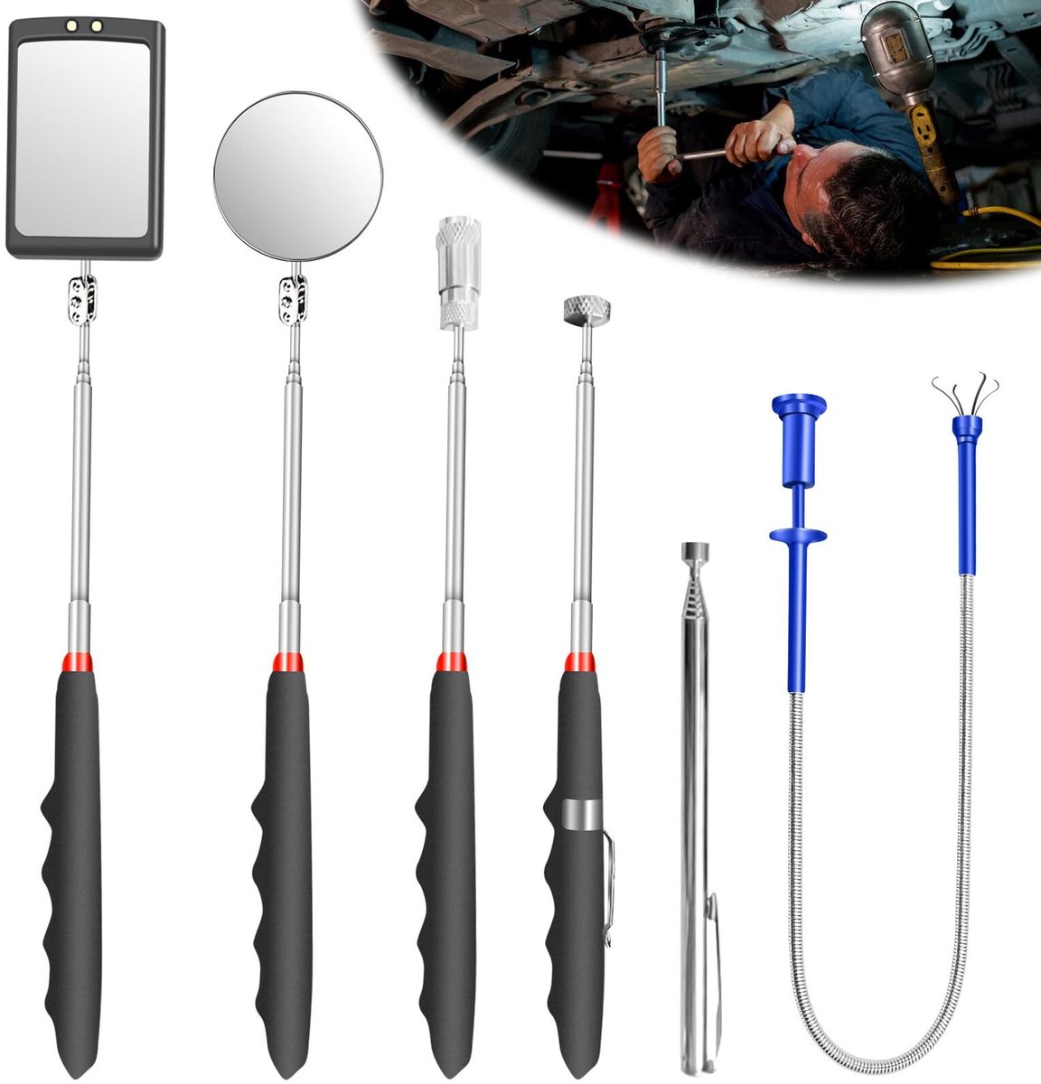 Dailygoods - Dailygoody - Set van 6 uitschuifbare inspect mirrors met LED lamp - Telescopische tool met 360° draaibare handgreep