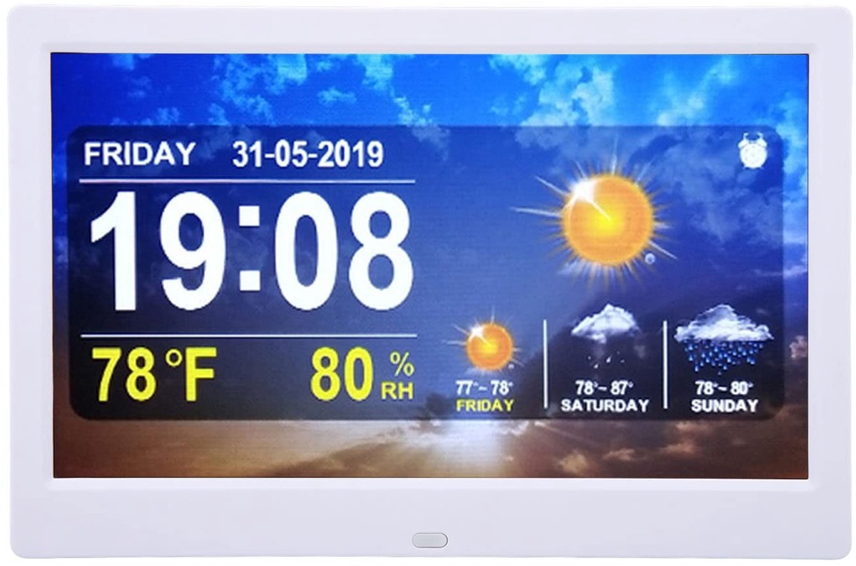 Dailygoods - Dailygoody - Digitale Kalender Alarmdagklok - Weerstation met Alarmherinneringen - 10 Inch - Dementieklok - Geschikt voor Geheugenverlies -