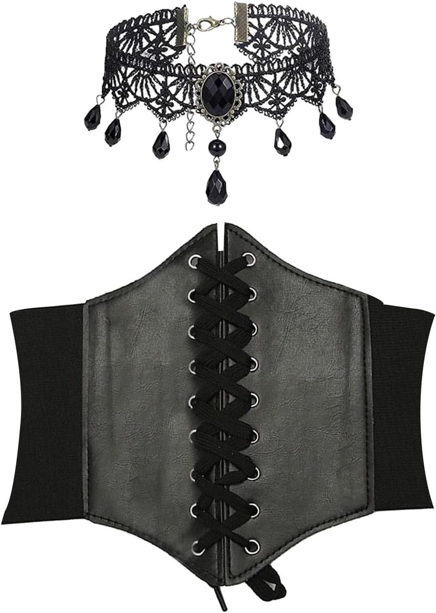 2-delige corset set voor vrouwen met gothic sieraden, middeleeuwse kleding, piratenkostuum en kant choker