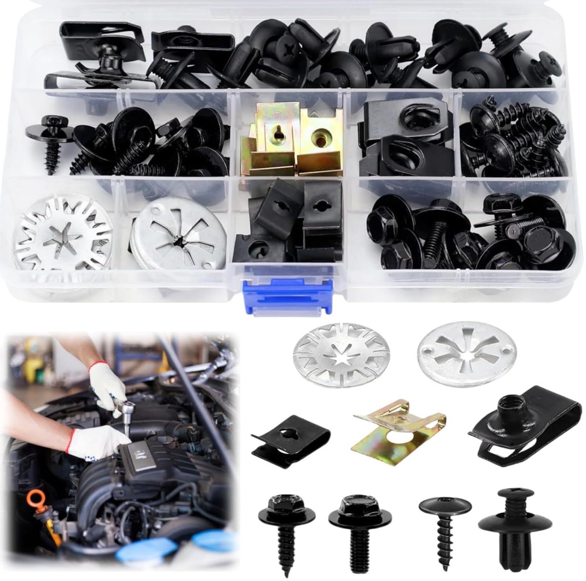 Complete Set van 80 Stuks Bevestigingsclips en Moeren voor Auto-onderdelen, Inclusief U-vormige Clips, Klemringen en Schroeven voor Betrouwbare Reparaties
