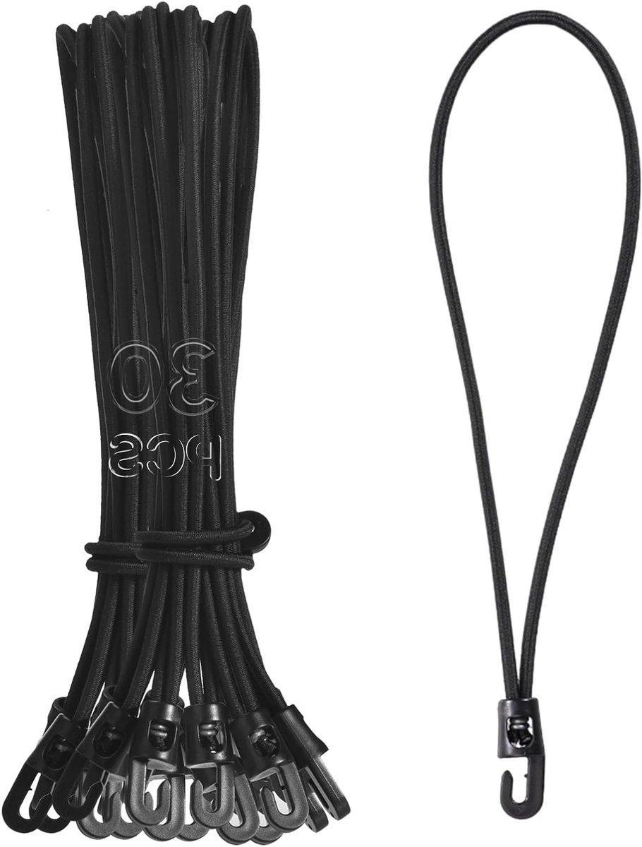 Kleine bungeekoorden met haken - 30 stuks van 25 cm voor dekzeil, camping en tenten, elastische touw schokkoorden voor vlaggen en tarp