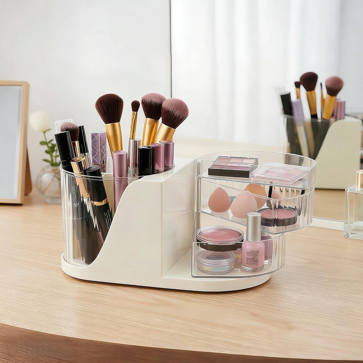 Multifunctionele 2-in-1 Cosmetica Organizer met Draaifunctie en 3 Lades, Ruime Make-up Opbergoplossing voor Slaapkamer en Badkamer