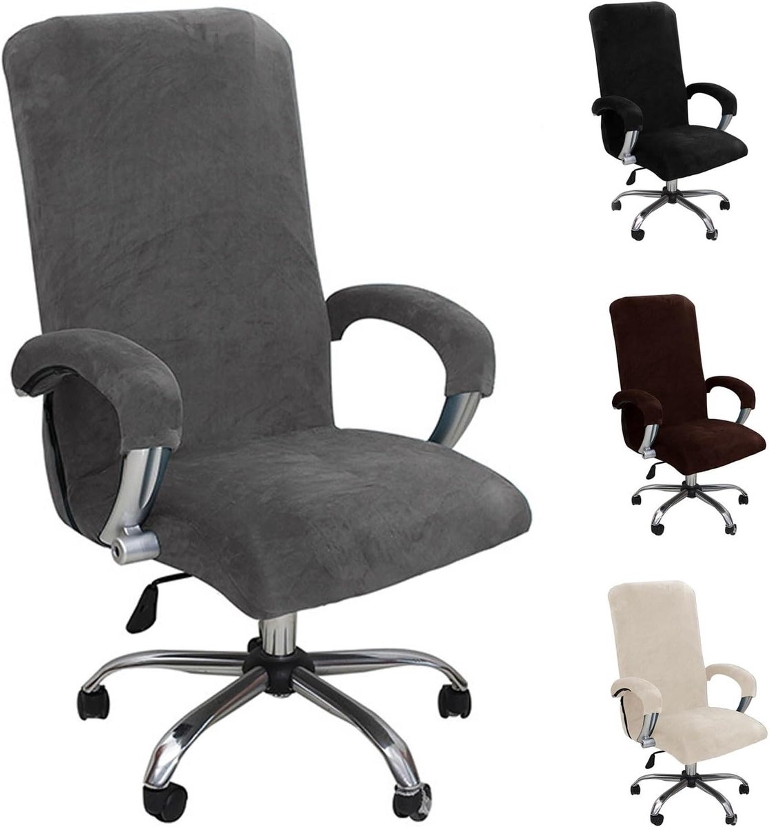 Verstelbare Velours Stoelhoes voor Kantoorstoelen - Elastische, Wasbare en Verwijderbare Bescherming (Grijs, L)