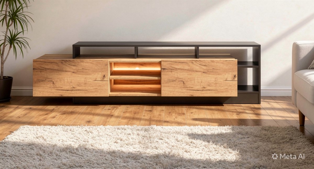 TV-meubel 192,4 cm Licht Hout en Antraciet met LED Verlichting en Opbergruimte - Modern Design TV Kast - Furnitureland