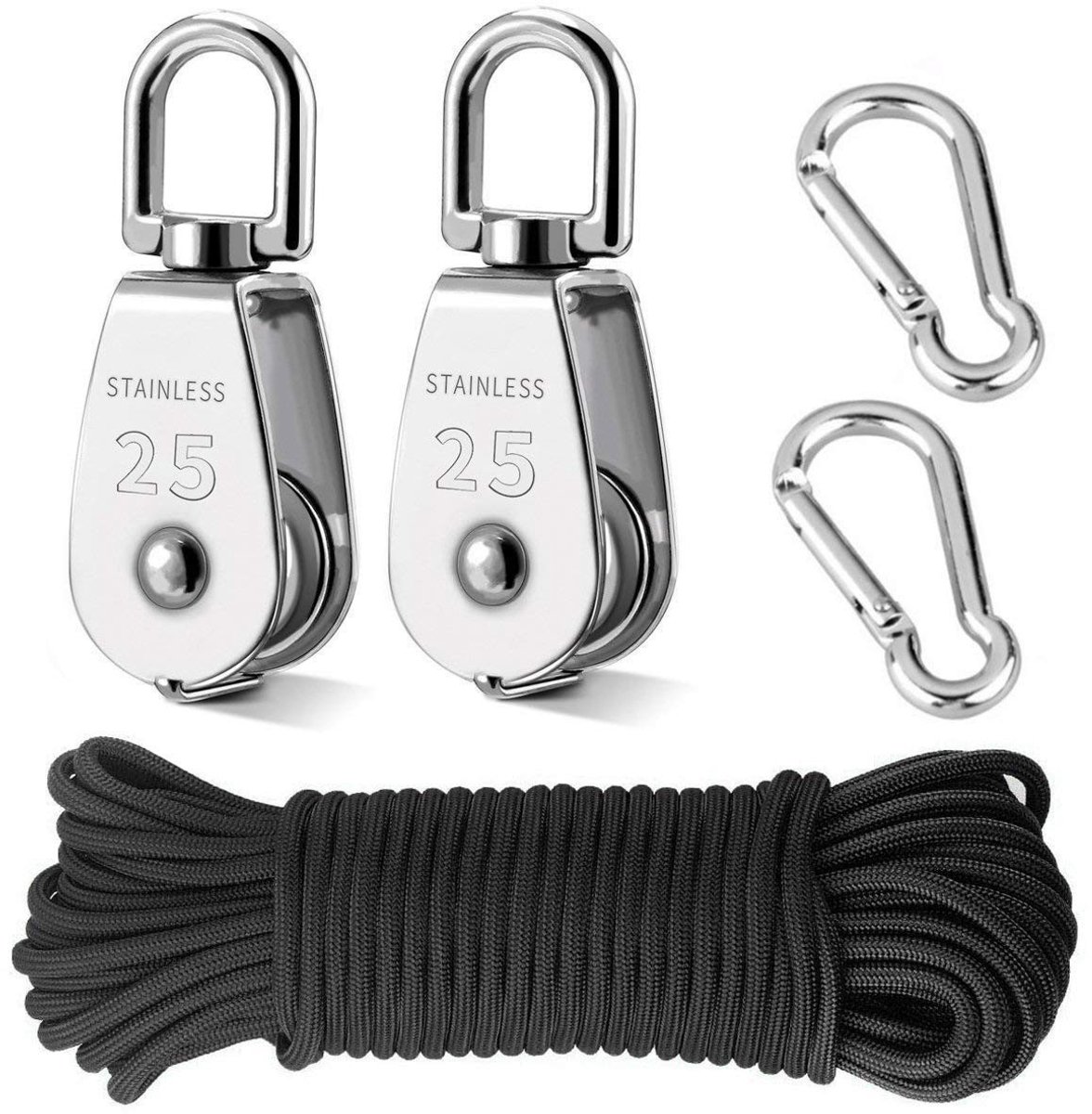 Dailygoods - Dailygoody - Kraan Pulley Blok - Sterke Nylon Katrol - Enkele Pulley Blok - 20 Meter Touw - Karabijnhaak Clips - Geschikt voor Touwtrekken - 2 Stks