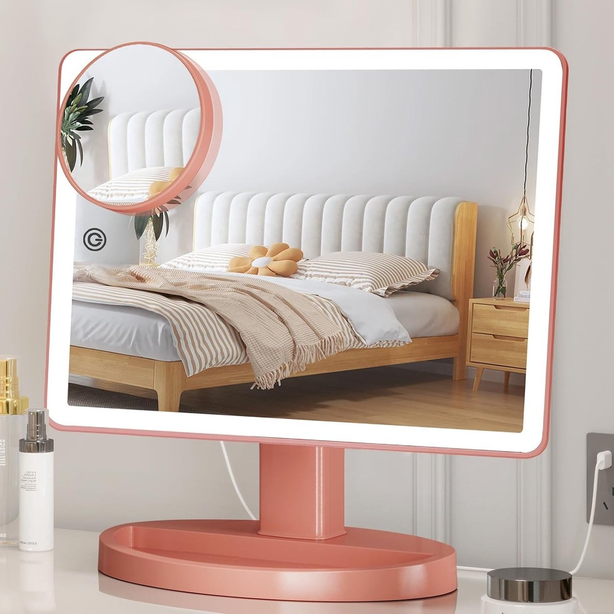 Groot Verlicht Make-up Spiegel met 88 LED, 360 Graden Rotatie en 10x Vergroting voor Cosmetisch Gebruik, Roze Goud
