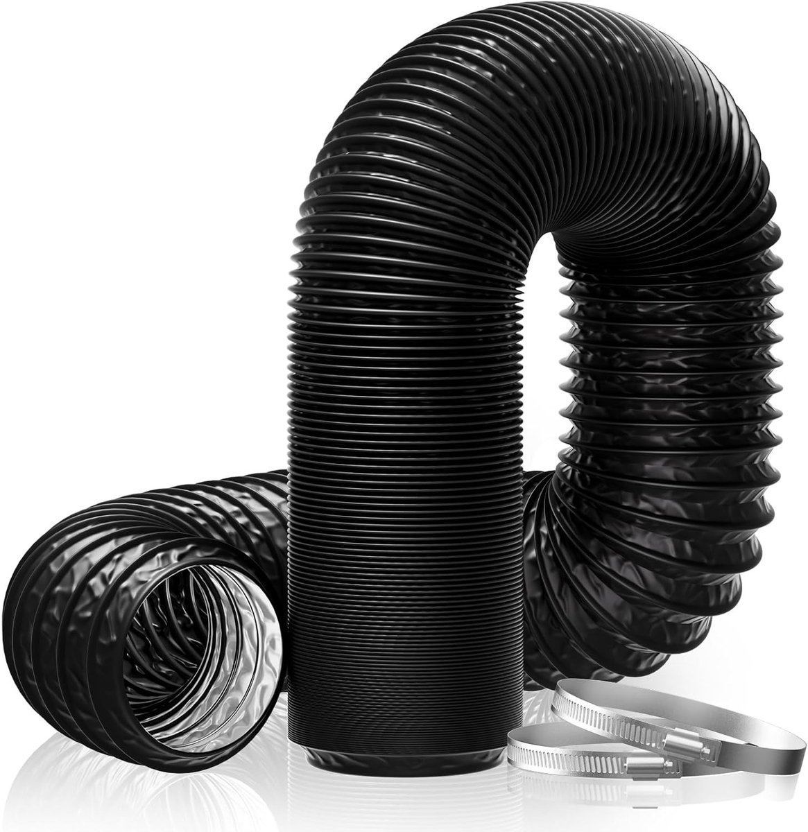 Ø75 mm Afvoerpijp, 2.5 m Flexibele PVC Aluminium Slang met 2 Slangklemmen, Luchtbuizen voor Staande Kachel, Afzuiger en Ventilatiesysteem, Zwart