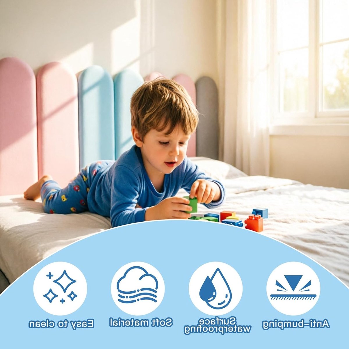 3D Wandpanelen Set van 4 - Zelfklevende PU Wandkussens voor Kinderkamer - Waterdicht, Gevoerde Muurstickers, Anti-botsing en Hoofdeinde voor Bed in Blauw
