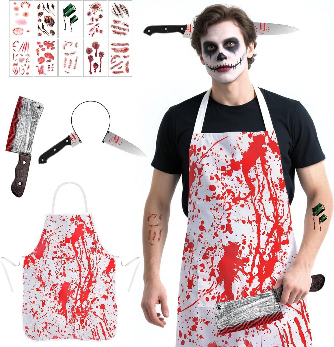 Griezelig Slagerskostuum voor Halloween met Bloedvlekken, Messen en Accessoires