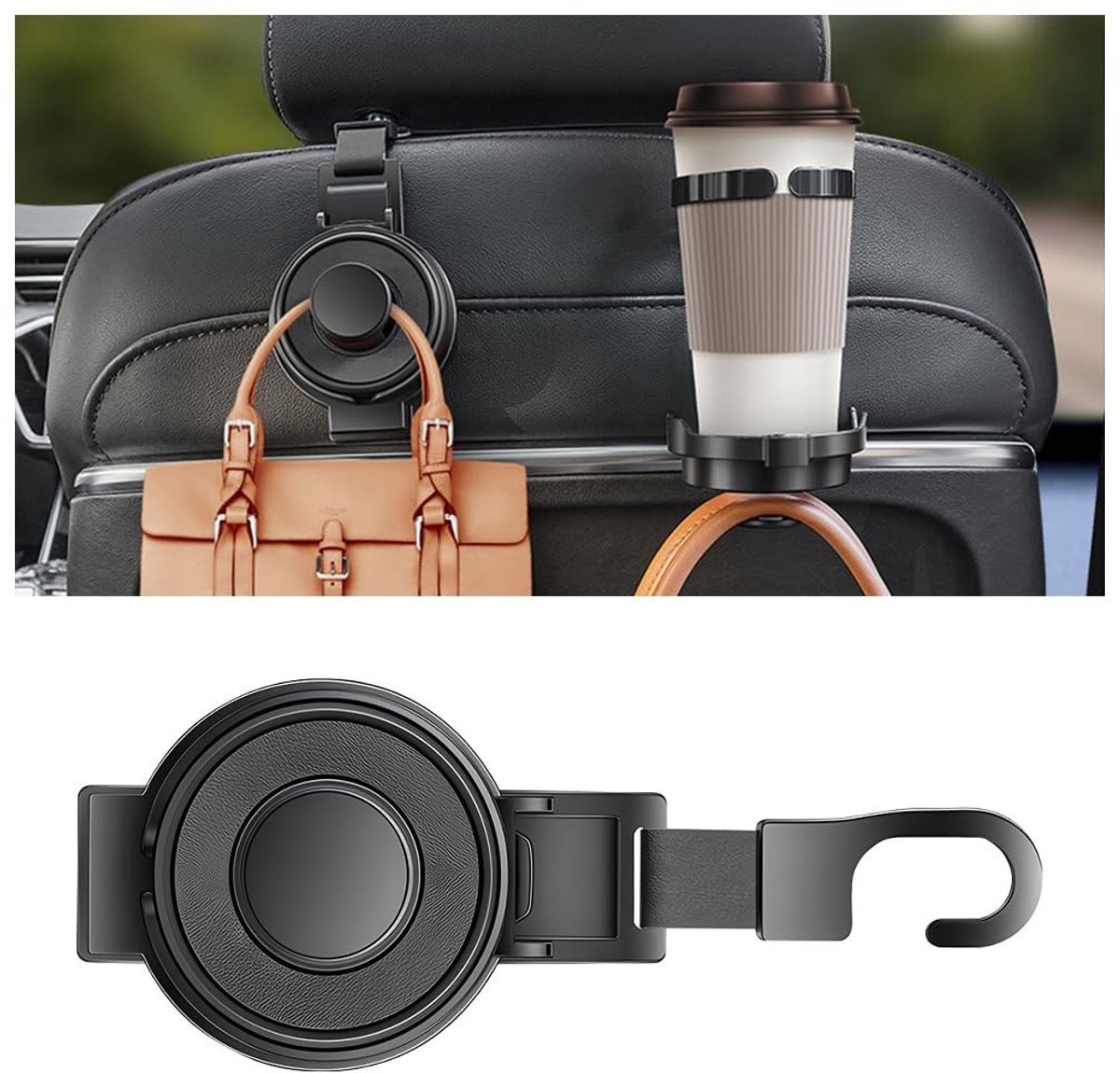 Dailygoods - Dailygoody - Multifunctionele hoofdsteunhaak - Autostoel-organizer - Bekerhouder - Zwart - ABS - 3-in-1 - Geschikt voor alle auto's