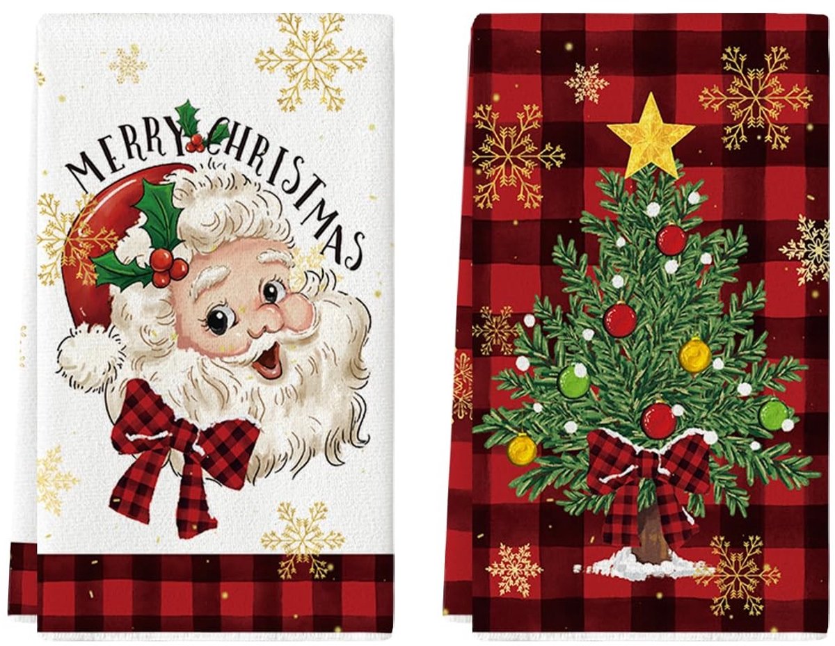 Dailygoods - Dailygoody - Kerstboom Keukenhanddoeken - Vrolijk Kerstfeest - 42 cm x 65 cm - Polyester Set van 2 - Theedoeken met Santa Claus - Geschikt voor volwas...