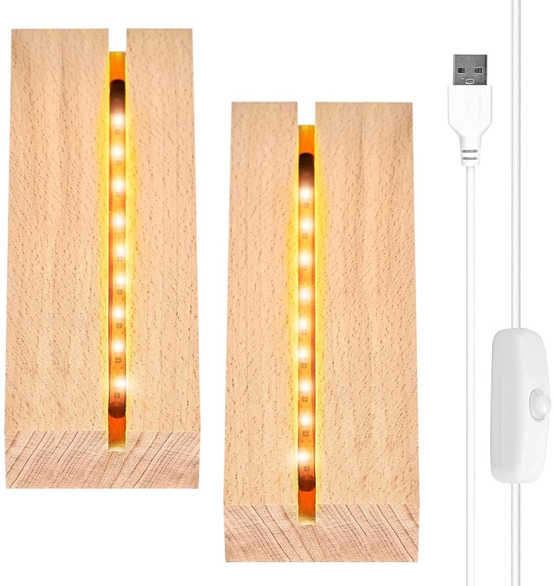 Dailygoody - Led-Sokkel - Verlichting - Dikke Doe-Het-Zelf Acrylplaat - Rechthoekige Basis - Decoratief Ornament - USB-Schakelaar - Houten Lampvoet