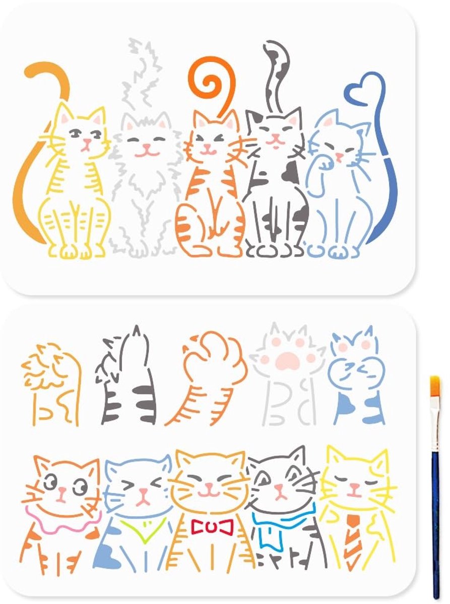Dailygoody - Schattige Kat Schilderij Stencils - Herbruikbare Dier Thema Sjablonen - 29,7 x 21 cm - Perfect voor DIY Ambachten - Inclusief Penseel - G..