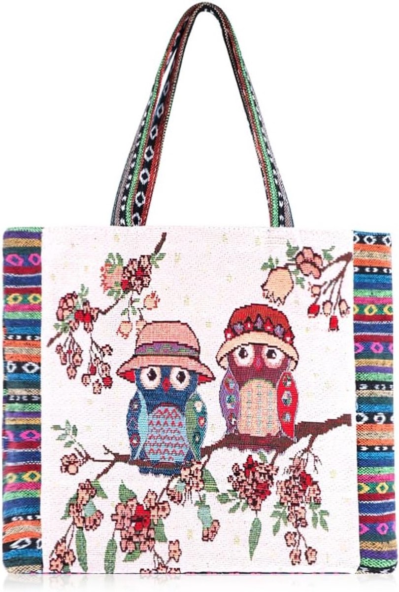 Canvas Uil Tote Bag - Aesthetic Hobo Handtas met Ritsvak - Herbruikbare Schoudertas voor Strand en Boodschappen, Groot en Geborduurd