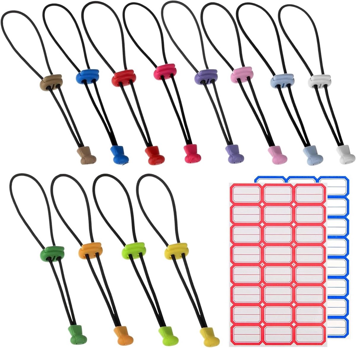 Verstelbare 12-delige Sluitclips in 12 Kleuren, Robuuste Herbruikbare Zakclips voor Diepvrieszakken en Huishoudelijk Gebruik, Inclusief 100 Zelfklevende Etiketten 38x25mm