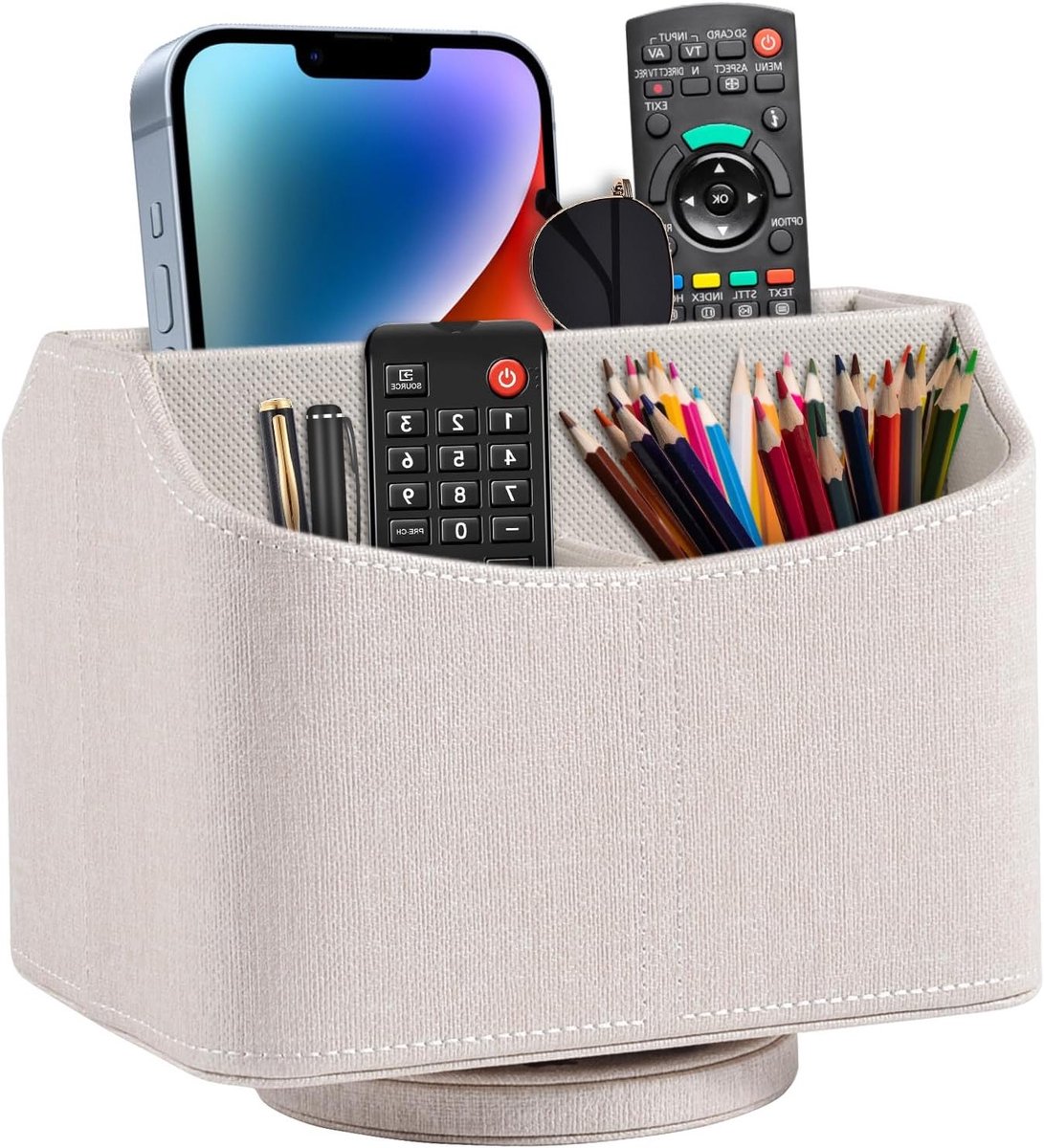 Multifunctionele Organiser voor Bedside Table en Bureau, 360 Graden Rotatie, PU Leer, Opbergdoos voor iPad Mini, Telefoon en Pennen (Beige)