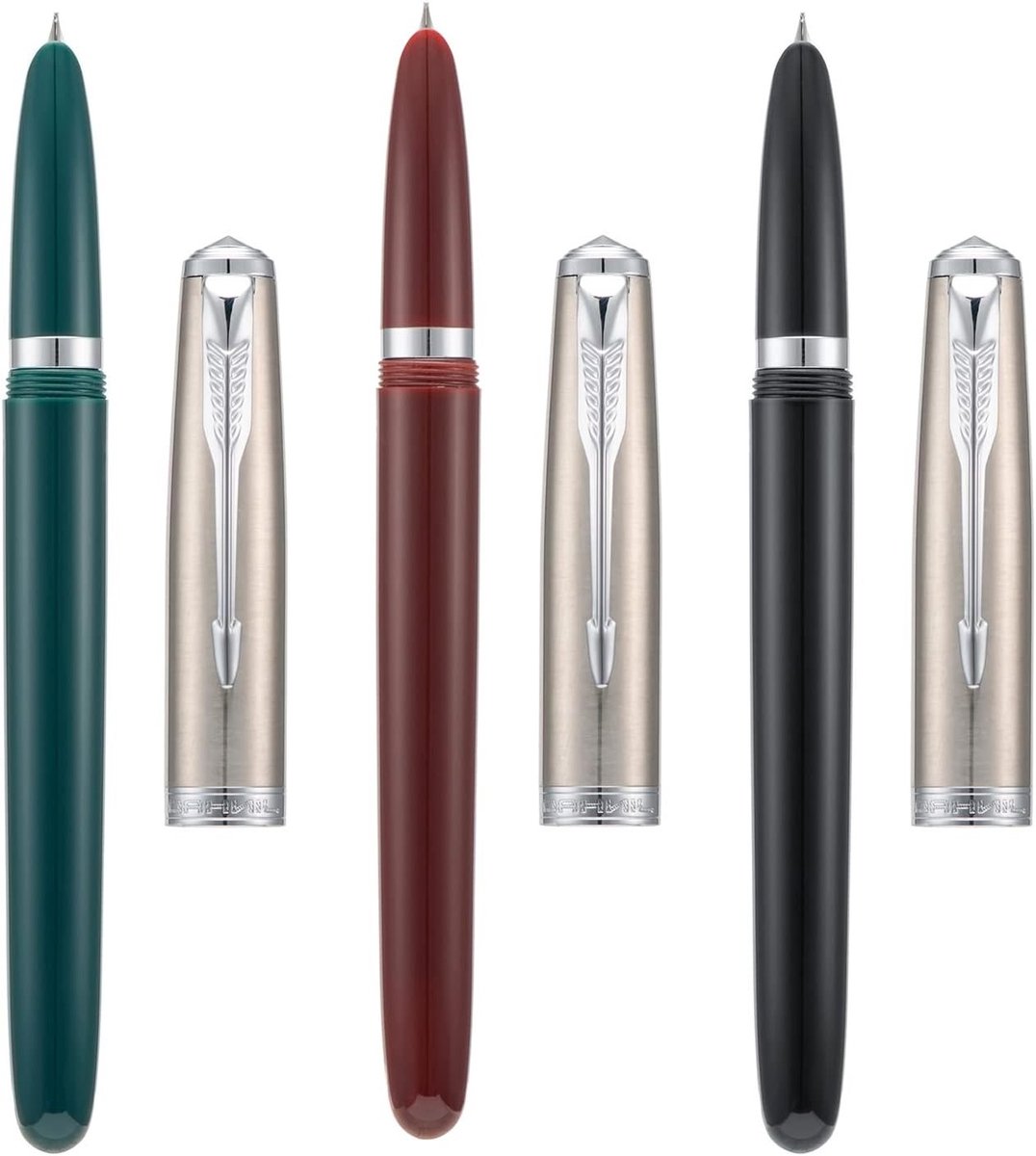 Set van 3 Vulpen met Extra Fijne Nib in Zwart, Wijnrood en Groene Hars inclusief Navulbare Inktconverter voor Schrijven en Tekenen