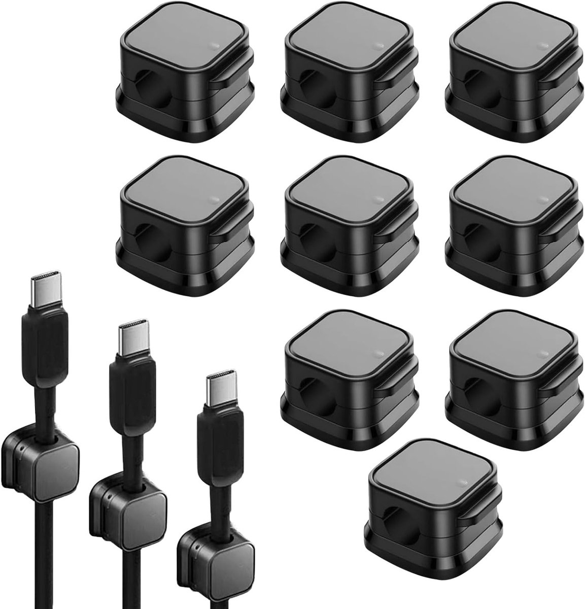 Set van 9 Magnetische Kabelhouders voor Bureau en Nachttafel, Zelfklevend, Ideaal voor Oplaadkabels en HDMI, 22 x 22 x 14 mm (Zwart)