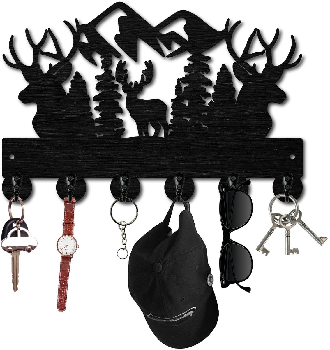 Dailygoods - Dailygoody - Sleutelhouder - Wandorganizer - Decoratief Houten Haken - Zwart - Sleutelhanger - Geschikt voor Entry Hal - 30 x 18 cm