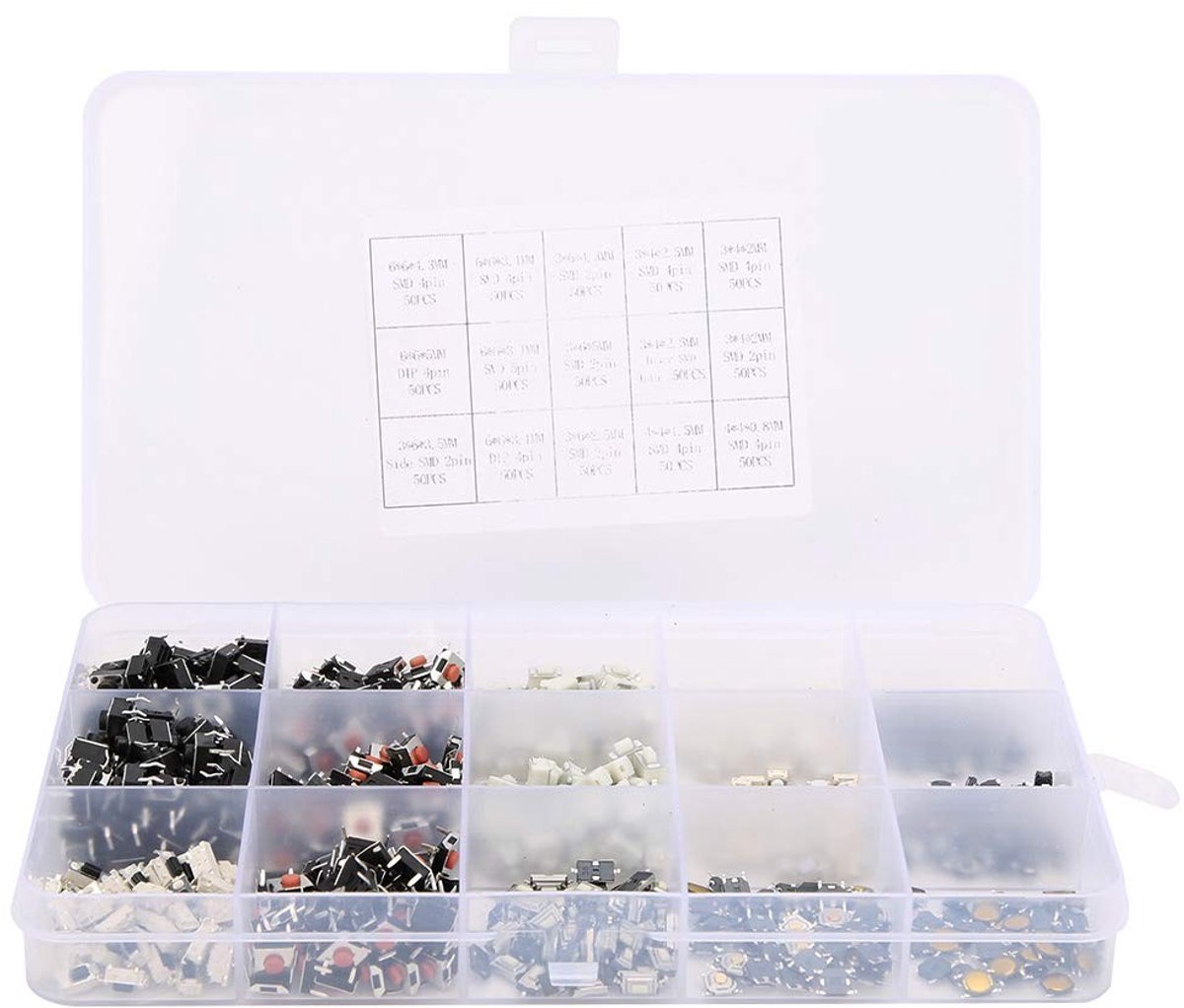 Dailygoods - Dailygoody - 750PCS Commutateurs à Bouton-Poussoir - Tactiele Schakelaars - Ideaal voor DIY - Mini Tact - Assortiment van 15 Waarden - Perfect voor El...