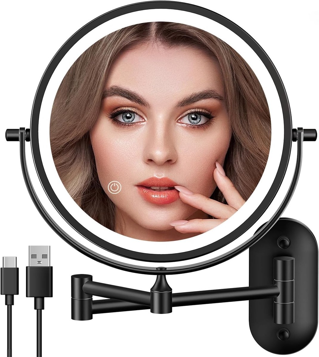 Verlichte Make-up Spiegel met Oplaadbare Accu, 1X/20X Vergrotende Wandspiegel, Dimbare Verlichting en 360° Rotatie voor Badkamer en Scheren