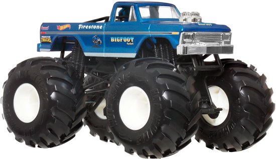 Blauwe Hot Wheels monster truck met grote zwarte banden, witte velgen en 'BIGFOOT 4x4x4' opschrift.