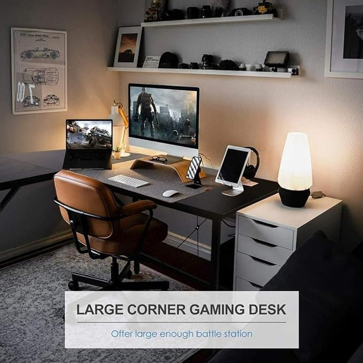 Hoekbureau 140x140 cm L-vormig Bureau voor Home Office en Gaming - Computertafel met Groot Werkblad, Verstelbare Poten en Metalen Frame - Computerbureau voor Kantoor, Studie en Laptop - Zwart/Houtlook