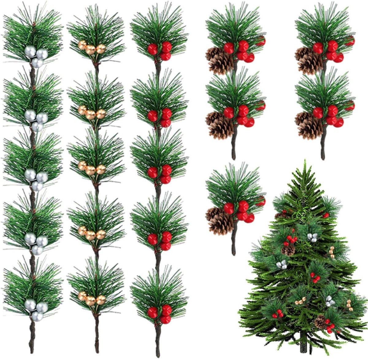 Set van 20 Kunstmatige Dennentakken met Rode Bessen - Perfect voor Kerstdecoraties, DIY Guirlandes en Winterbruiloften (4 Stijlen)