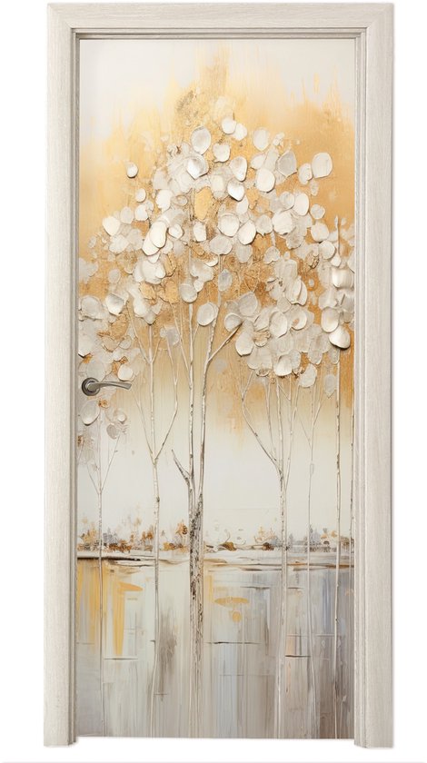 Abstracte deurposter met bomen, witte bloesems, gouden achtergrond en waterreflecties.