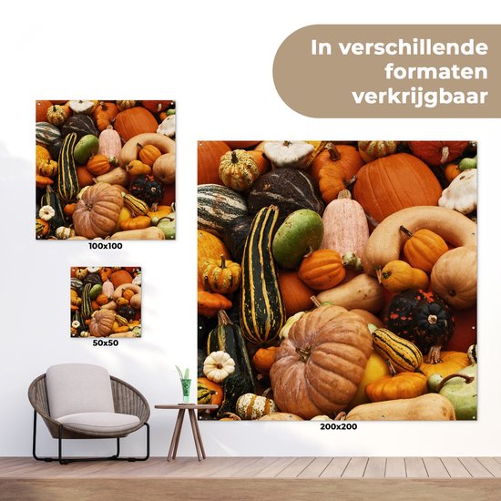 Tuinposter 100x100 cm - Tuindecoratie Pompoen - Herfst - Oranje - Poster voor in de tuin - Buiten decoratie - Schutting tuinschilderij - Tuindoek muurdecoratie - Wanddecoratie balkondoek
