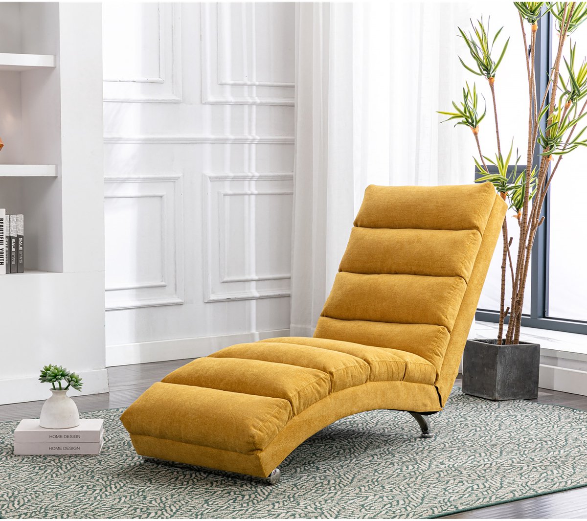 REDOM - Relaxligstoel - Zachte Vibratiefunctie En Opbergvak - Modern - Voor Woonkamer Of Slaapkamer - Linnen - Mosterdgeel - 55 X 148 X 84 Cm