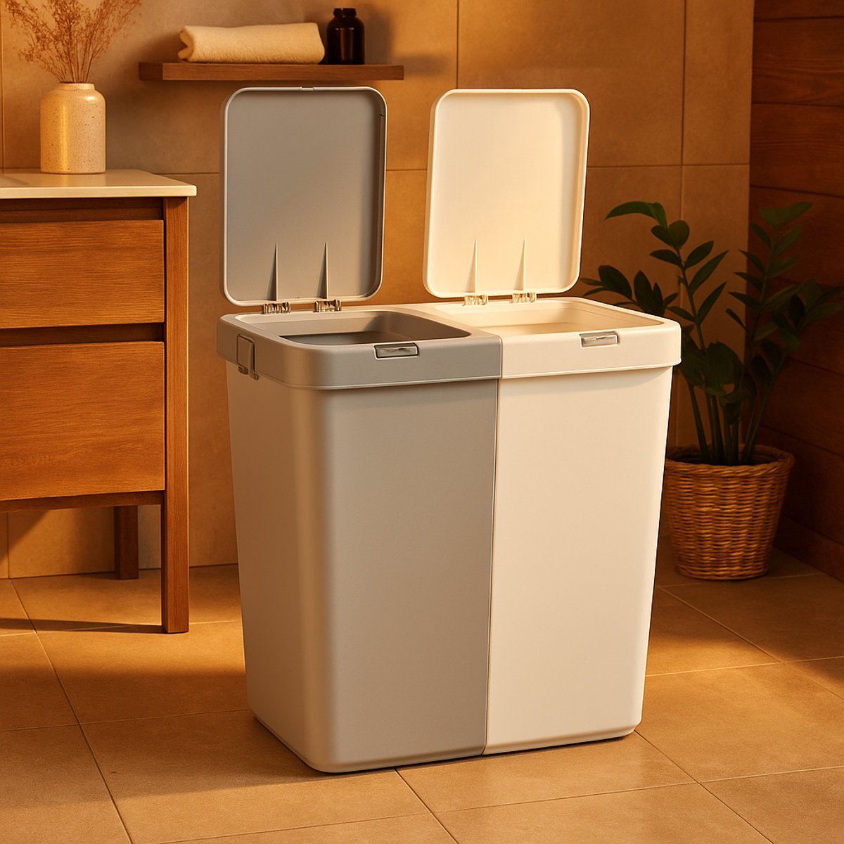 Sumpas Wasmand - 2 vakken - Met Touch Deksel - 80 Liter - Grijs-Creme - 100% Gerecycled Plastic