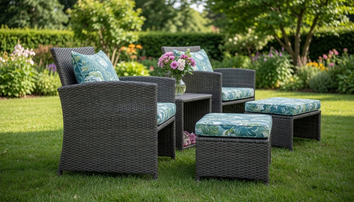 5-delige rotan balkonmeubelset, PE-rotan tuinmeubelset, 2 tuinstoelen met bijzettafel en kruk, tuinzitgroep incl. zitkussens en rugkussens, bistroset voor tuin, binnen en balkon-Mobili Bella