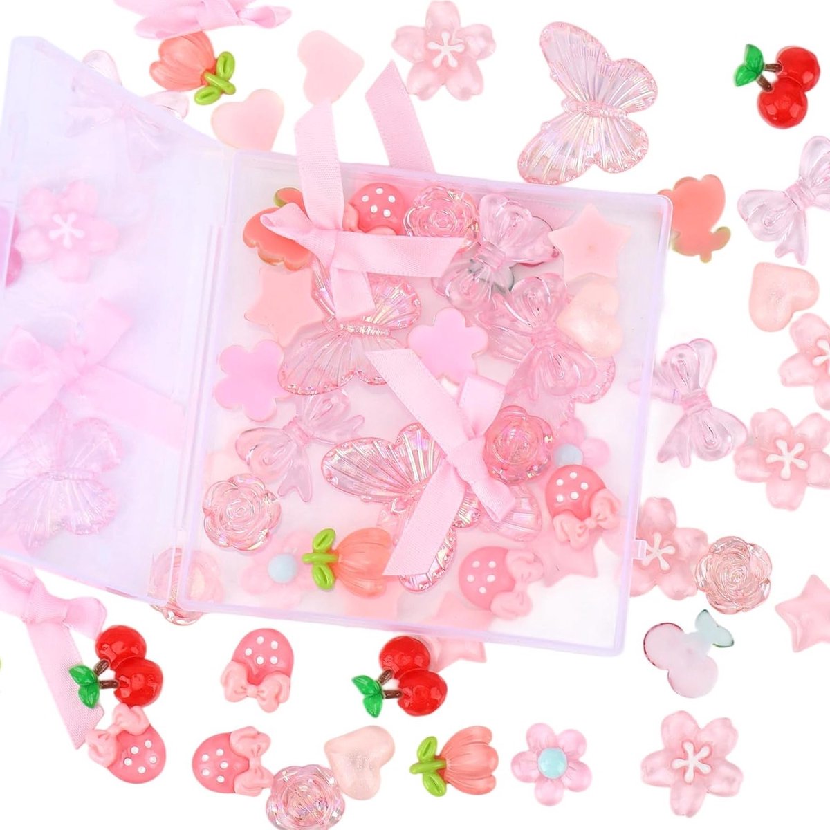 66-delige Roze Junk Case Charms Kit met Resin en Acryl, Kersenbloesem, Strik, Roos en Vlinder voor DIY Creaties, Scrapbooking en Decoratie
